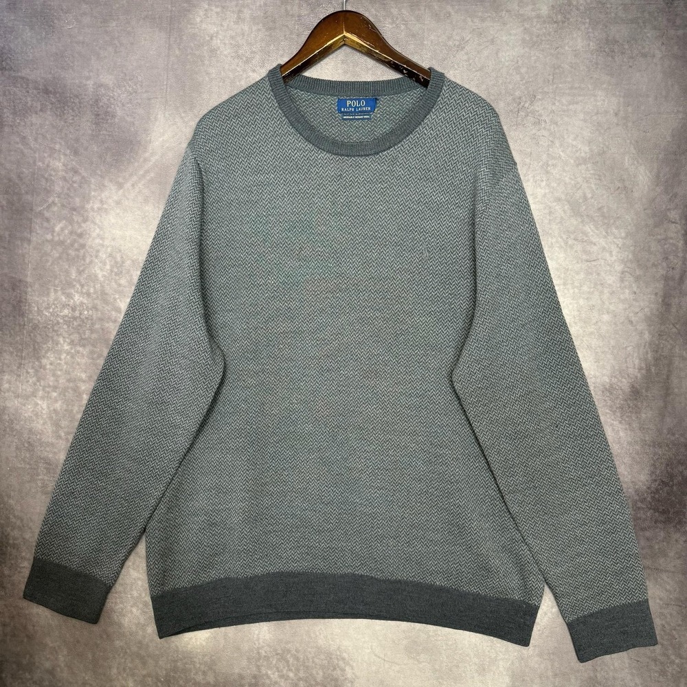Polo Ralph Lauren Sweater Men's XL Gray Herringbone Knit Merino Wool